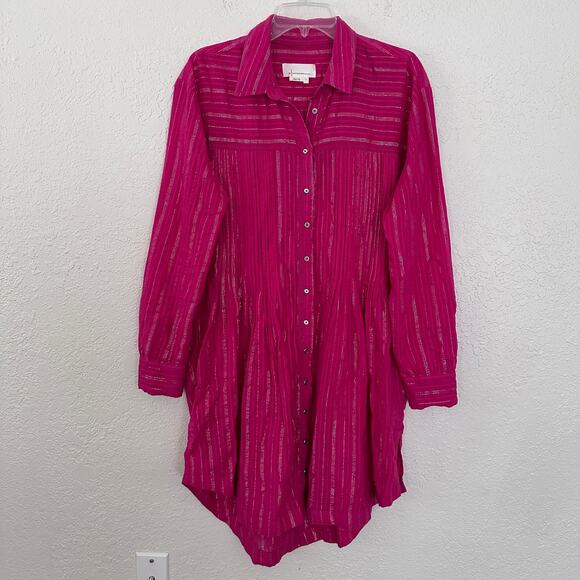 Anthropologie Weekender Metallic Pink Button Down Shirt Dress Tunic Small - Picture 2 of 7
